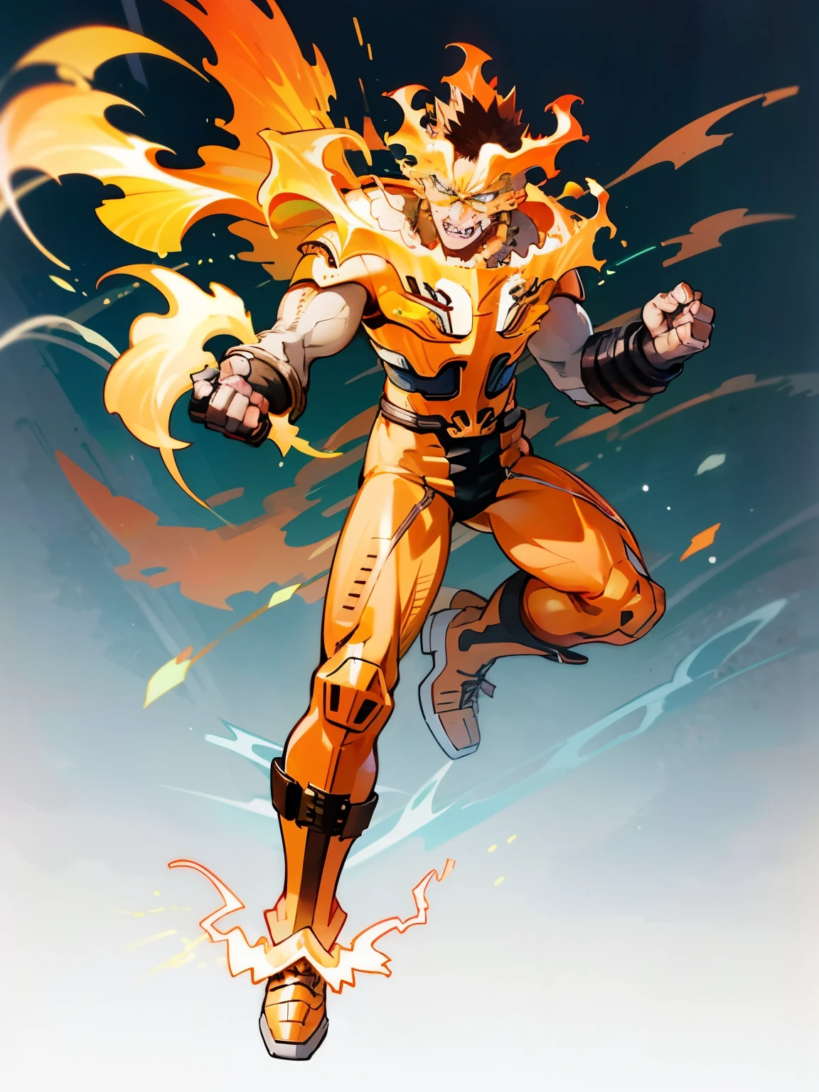 ((Endeavor)), My Hero Academia Style, golden armor, Minotaur armor, yellow lightning bolts, ultra detailed, perfect anatomy, perfect hands, (full body photo:1.5), blue fire, hero suit, blue full body suit,