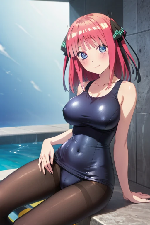 best quality, ultra-detailed masterpiece, anime art style, cute character, nino nakano, large breasts, blush, smile, one-piece swimsuit, pantyhose,