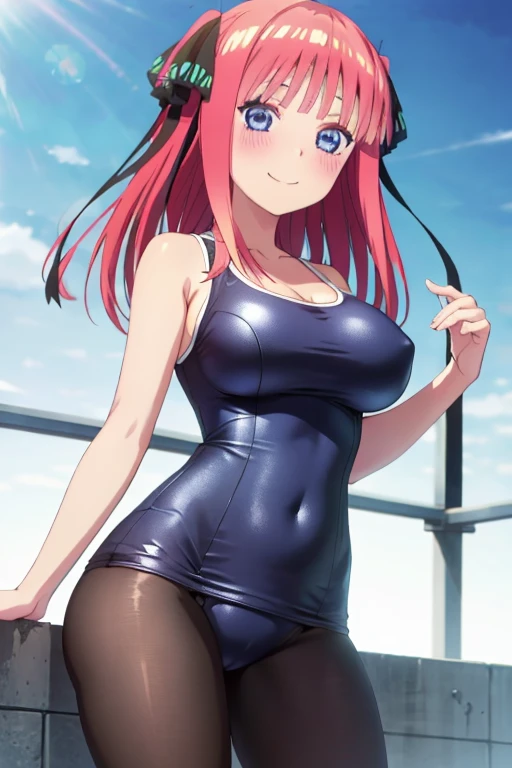 best quality, ultra-detailed masterpiece, anime art style, cute character, nino nakano, large breasts, blush, smile, one-piece swimsuit, pantyhose,