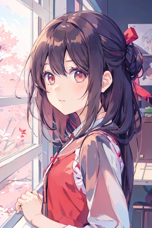 Anime girl with a red ribbon in her hair looking out the window, Cute girl anime visuals, Anime Moe Art Style, Young Anime Girl, Anime Girl Portrait, Smooth anime CG art, Beautiful anime portraits, close up of a Young Anime Girl, Anime Style 4k, Anime Girl Portrait, かわいいAnime Girl Portrait, Detailed portrait of an anime girl