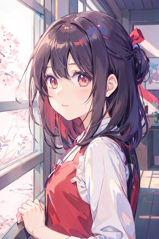 Anime girl with a red ribbon in her hair looking out the window, Cute girl anime visuals, Anime Moe Art Style, Young Anime Girl, Anime Girl Portrait, Smooth anime CG art, Beautiful anime portraits, close up of a Young Anime Girl, Anime Style 4k, Anime Girl Portrait, かわいいAnime Girl Portrait, Detailed portrait of an anime girl