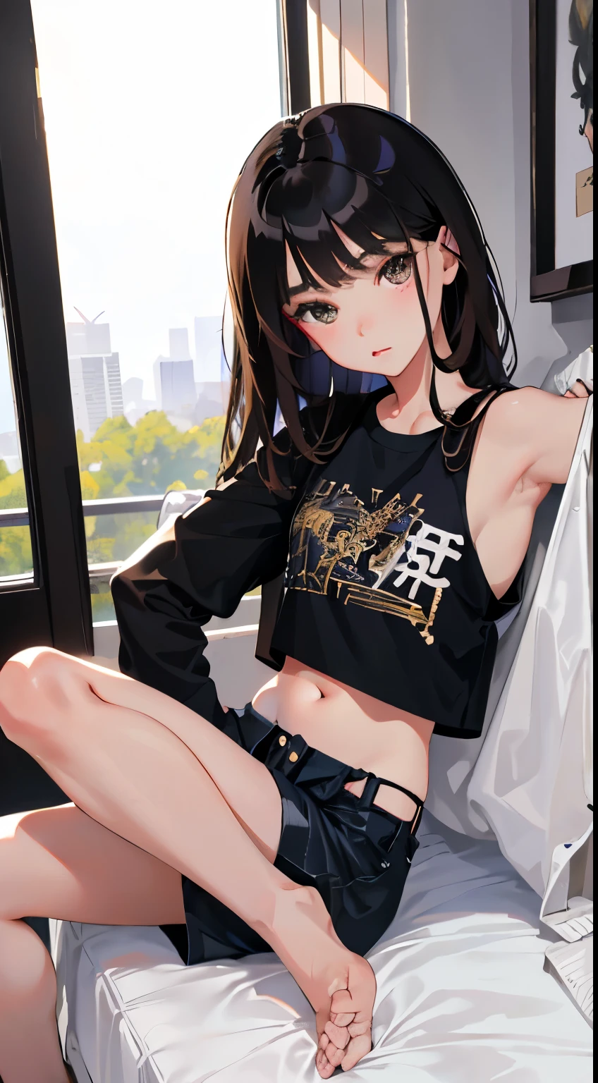 Overlooking,highest quality,Beautiful face in every detail,cute,Dark brown eyes,(背の低いcute女の子, young studeg delicate girl),(masterpiece,Top quality),Black Hair,Sleepy expression,Crop Top Look,Black Shirt,White shorts
