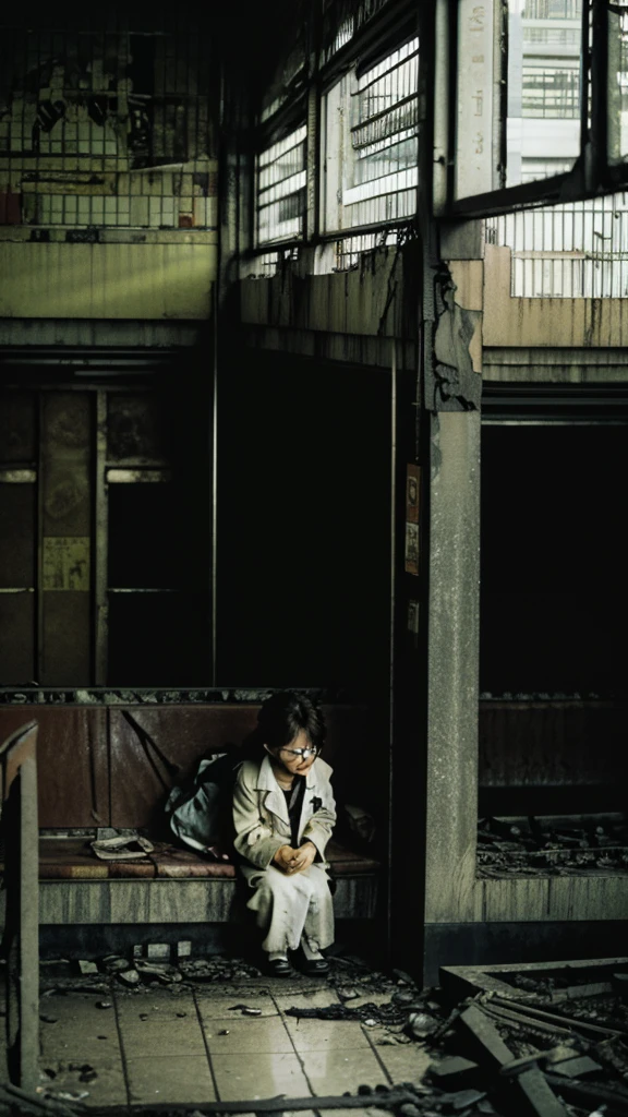subway,Showa,Collapse,Devastation,Inside the ruins,Glasses,Women,adventure,Black and White,