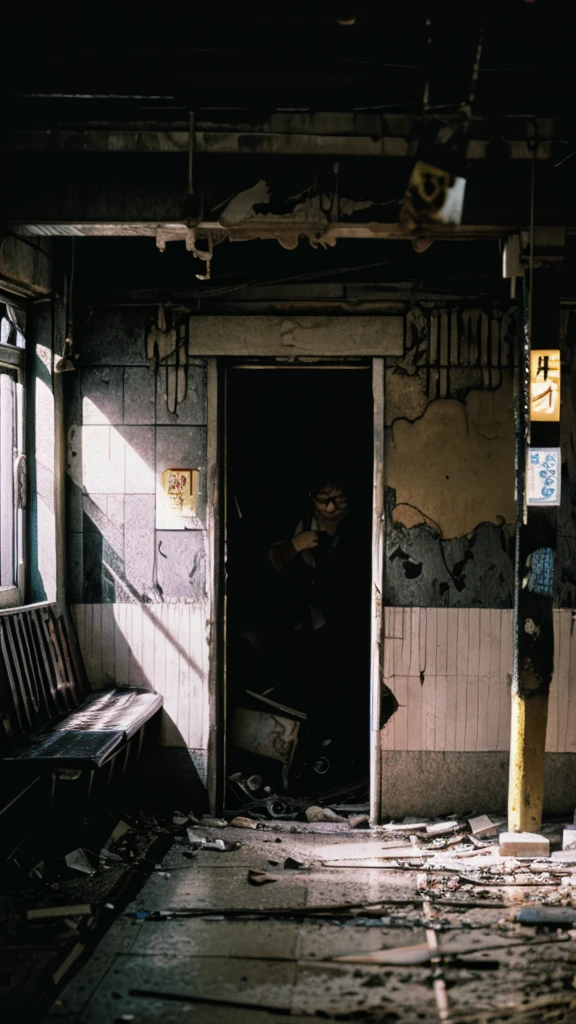 subway,Showa,Collapse,Devastation,Inside the ruins,Glasses,Women,adventure,Black and White,
