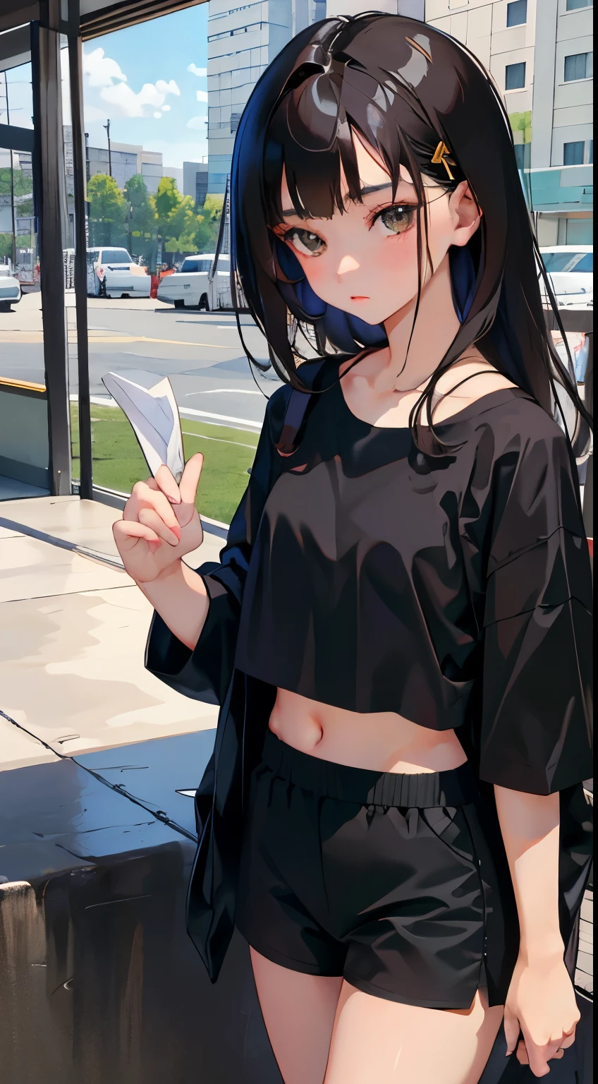 Overlooking,highest quality,Beautiful face in every detail,cute,Dark brown eyes,(背の低いcute女の子,Small young student,Young delicate girl),(masterpiece,Top quality),Black Hair,Sleepy expression,Crop Top Look,Black Shirt,White shorts