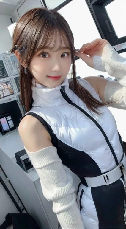 An innocent 20-year-old girl、((White tank top, Dramatic Pose)),smile,BREAK (Spacecraft control room background):2,、BREAK RAW Photos, (8k、highest quality、masterpiece:1.2)、(Intricate details:1.4)、(Photorealistic:1.4)、Octane Rendering、Complex 3D rendering with ultra-detail, Studio Soft Light, Rim Light, Vivid details, Super Detail, Realistic skin texture, Detailed aspect, Beautiful details in the eyes, Highly detailed CG Unity 16k wallpaper, compensate, (Detailed Background:1.2), Glowing Skin, whole body、(astrovest):2,(black long sleeves):5,((Standing with hands behind back、Leaning forward、Angle from above))