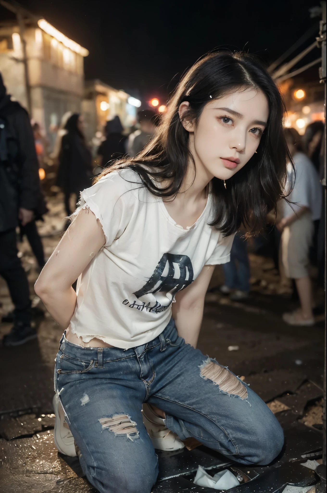 ((((8k))),((Extremely meticulous CG)) ,(wallpaper),16k,((Extremely refined and beautiful)),(((Masterpiece))),(((best qualtiy))),(((Ultra High Resolution))),realistic shaded,(Smooth and flawless fair skin:1.5),(pale skin:1.3),(Extremely exquisite facial details:1.2),(perfect body:1.2),(ultra-detailed:1.2),((A beautiful girl,solo)),(small head:1.2),(medium straight bob hair:1.3),(messy hair:1.3),(small face:1.2),(dirty face:1.2),(small breasts:1.2),(flat chests:1.2),(slim,thin),(sad:1.5),(crying:1.5),(weeping:1.5),(tears:1.5),(torn t-shirt:1.5),(torn pants:1.3),(sneakers:1.2),(night scene:1.5),(outdoor:1.2),(In the slums:1.5),(In a dilapidated alley:1.3),(Full of garbage on the ground:1.3),(detailed background:1.5),(Kneeling:1.3),(arms behind back:1.3),(full body:1.3),(from front:1.3),(surrounded by crowded crowds:1.5),(night scene:1.5),(dark atmosphere:1.5)