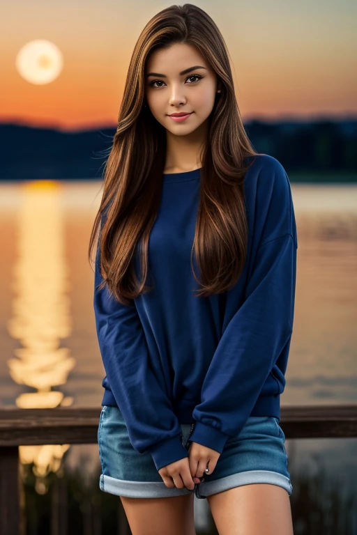 best quality, 16k, high resolution, ultra-detailed, an extremely delicate and beautiful, depth of field, ultra high res, (photorealistic:1.4), 1 girl, long hair, casual wear, cute, lakeside, (night:1.5)