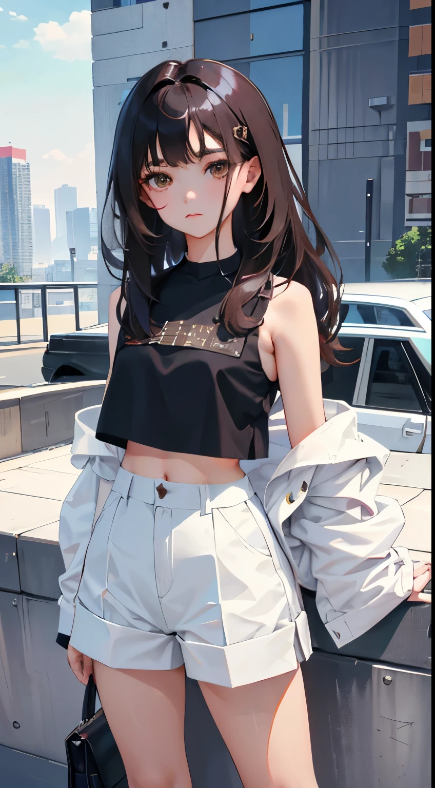 Overlooking,highest quality,Beautiful face in every detail,cute,Dark brown eyes,(背の低いcute女の子, young studeg delicate girl),(masterpiece,Top quality),Black Hair,Sleepy expression,Crop Top Look,Black Shirt,White shorts