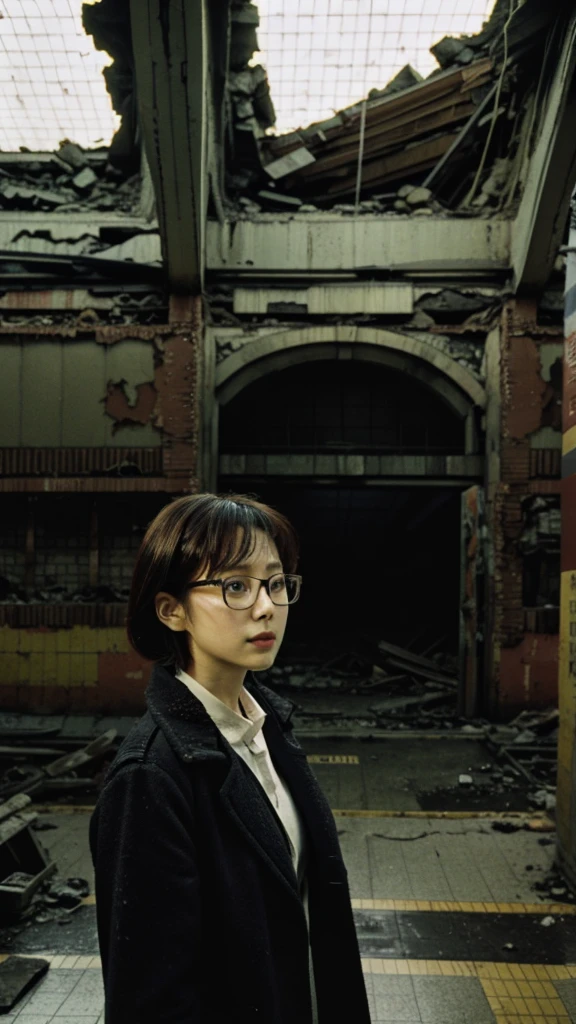 subway,Showa,Collapse,Devastation,Inside the ruins,Glasses,Women,adventure,Black and White,