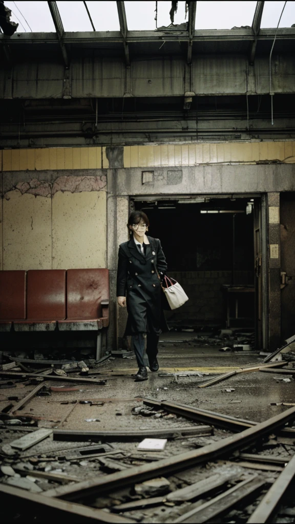 subway,Showa,Collapse,Devastation,Inside the ruins,Glasses,Women,adventure,Black and White,
