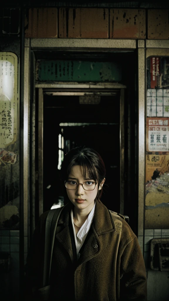 subway,Showa,Collapse,Devastation,Inside the ruins,Glasses,Women,adventure,Black and White,