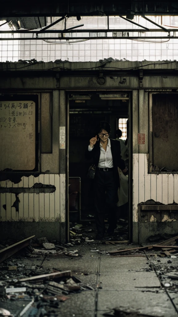 subway,Showa,Collapse,Devastation,Inside the ruins,Glasses,Women,adventure,Black and White,