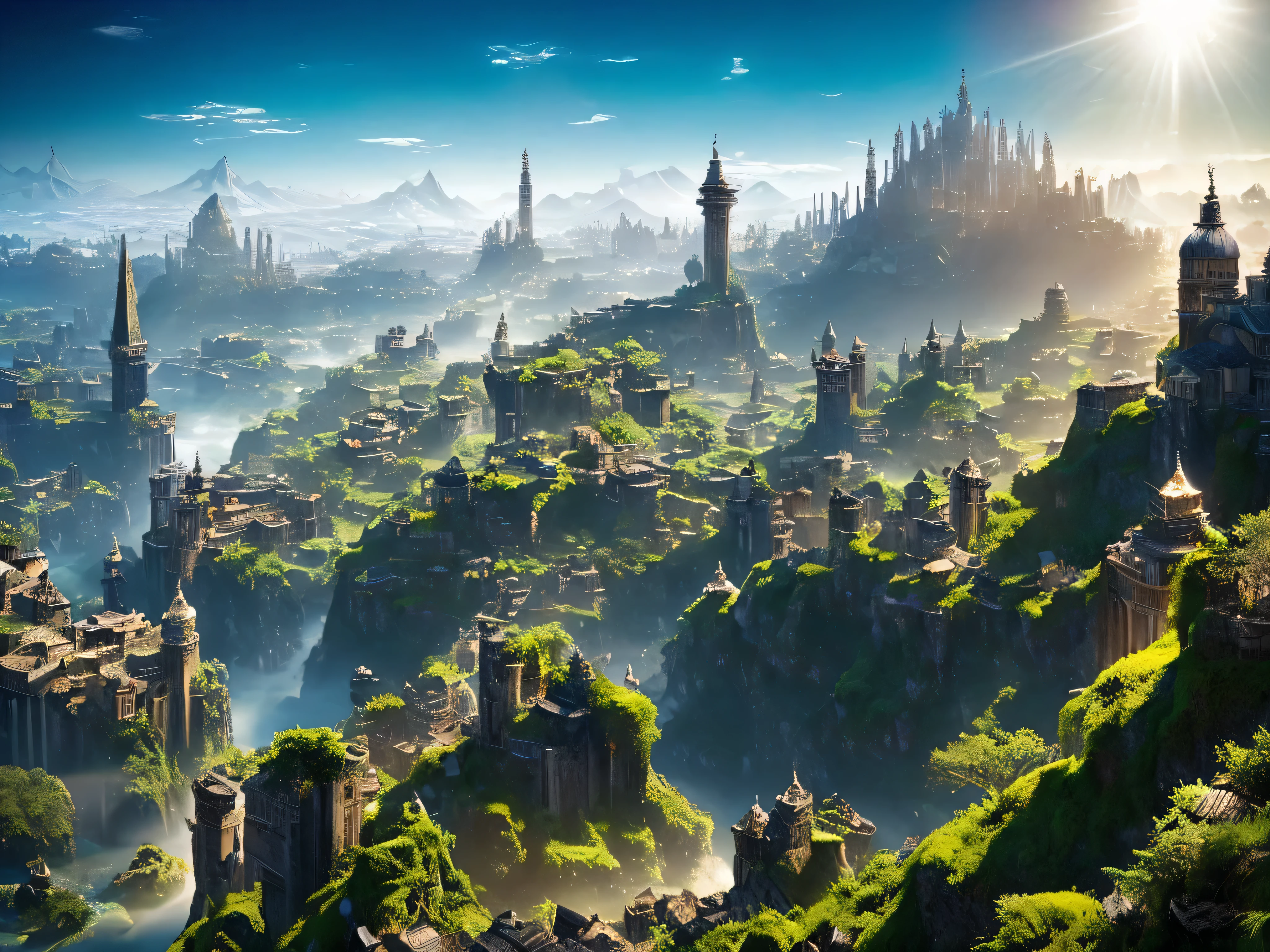 epic scenery "A Saga dos Reinos Divinos", the world is a mosaic of stunning and contrasting landscapes, where beauty and danger intertwine in an eternal dance between light and darkness.
Nos Reinos Celestiais, floating cities among golden clouds rise majestically against a deep blue sky. Towering towers and palaces shine like jewels set in a heavenly mantle, refletindo a luz do sol como prismas de pura luminosidade. Hanging gardens and crystal-clear fountains adorn the open spaces, enquanto os habitantes divinos percorrem ruas pavimentadas com ouro e prata.
Por outro lado, nos Reinos das Trevas, the landscape is dark and desolate. Barren lands stretch as far as the eye can see, pontuadas por rochas escarpadas e cavernas profundas. Ruined cities stand as silent witnesses to a dark age, its broken walls and crumbling towers echo the past of a fallen empire. A black fog hangs over the horizon, obscuring the sun and casting ominous shadows across the land.
Entre estes extremos, the Mortal Lands are a mosaic of diverse scenarios. Lush green plains stretch as far as the eye can see, salpicadas por florestas exuberantes e rios caudalosos. Majestic mountains stand like imposing guardians, suas cristas cobertas de neve reluzindo sob a luz da lua. Bustling cities and peaceful villages pulse with life and activity, while the mortal inhabitants go about their daily lives, inconscientes das intrigas que se desenrolam nos reinos divinos.