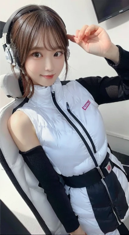 An innocent 20-year-old girl、((White tank top, Dramatic Pose)),smile,BREAK (Spacecraft control room background):2,、BREAK RAW Photos, (8k、highest quality、masterpiece:1.2)、(Intricate details:1.4)、(Photorealistic:1.4)、Octane Rendering、Complex 3D rendering with ultra-detail, Studio Soft Light, Rim Light, Vivid details, Super Detail, Realistic skin texture, Detailed aspect, Beautiful details in the eyes, Highly detailed CG Unity 16k wallpaper, compensate, (Detailed Background:1.2), Glowing Skin, whole body、(astrovest):2,(black long sleeves):5,headphone,smartwatch,((Standing with hands behind back、Leaning forward、Angle from above))
