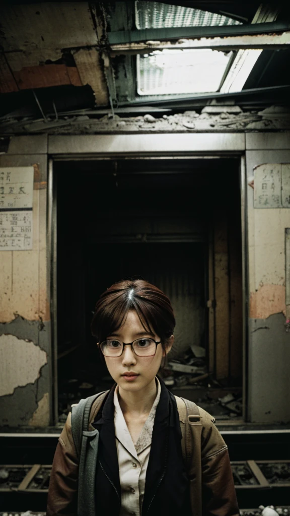 subway,Showa,Collapse,Devastation,Inside the ruins,Glasses,Women,adventure,Black and White,