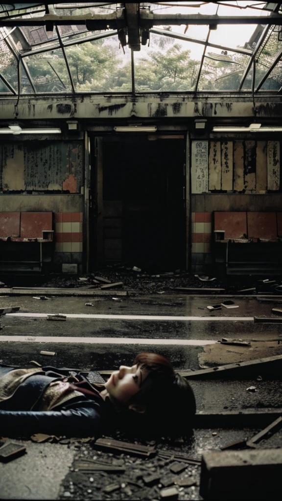 subway,Showa,Collapse,Devastation,Inside the ruins,Glasses,Women,adventure,Black and White,