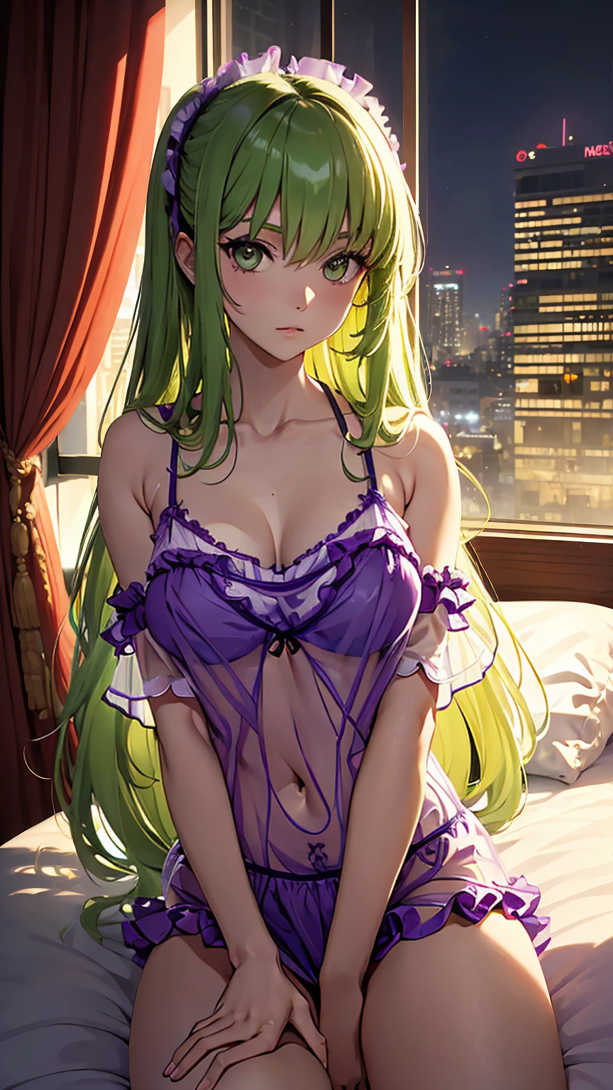 Best Quality,High resolution,8K,finelity detailed background,Masterpiece:1.2),beautiful girl,Shiny green hair,crossed bangs,Green Eyes,Gentle look,A refreshing look,smile,Best quality,Best Quality,Aesthetic and aesthetic:1.2,Best details((Super detailed))(High-definition CG illustrations),Upper Body,Dark grey underwear, (gray,intricate lace),Slender body,night,moon,Bedroom,On the bed,smile,blush,cute,Scrounge,Looking up,Being spoiled,super model,wariza,shoot from,below