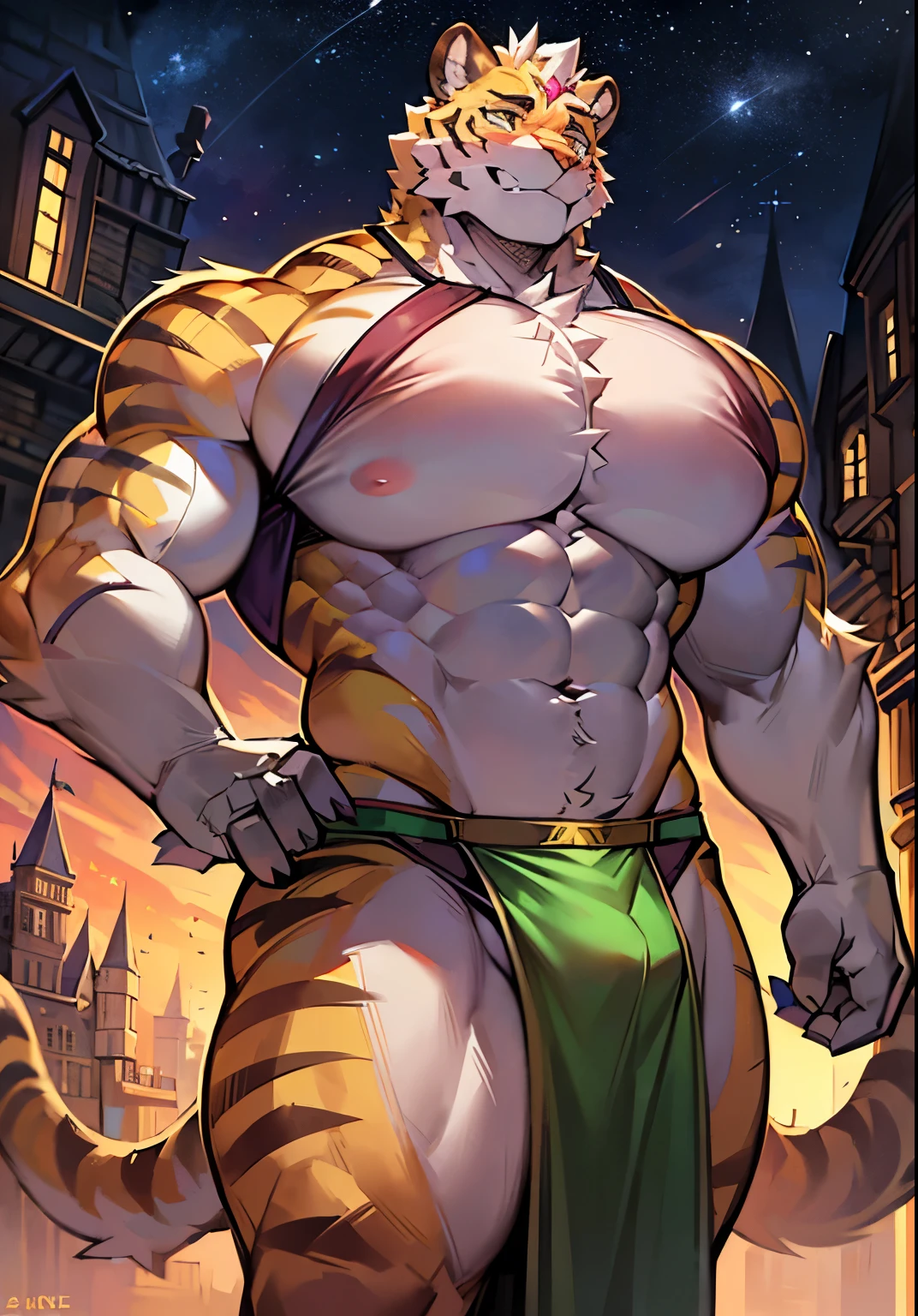 solo male, muscular body, ((boob pecs, massive pecs, bulging pecs, saggy pecs, round pecs)), tiger knight, standing under the stars, fantasy background with castle in the distance, facing viewer, head tilted to the side, beautiful sunset sky, wearing tunic, tiger furry character, small waist, detailed bulge, bulging loincloth, abs, abs, abs, flat stomach, muscular, (femboy)