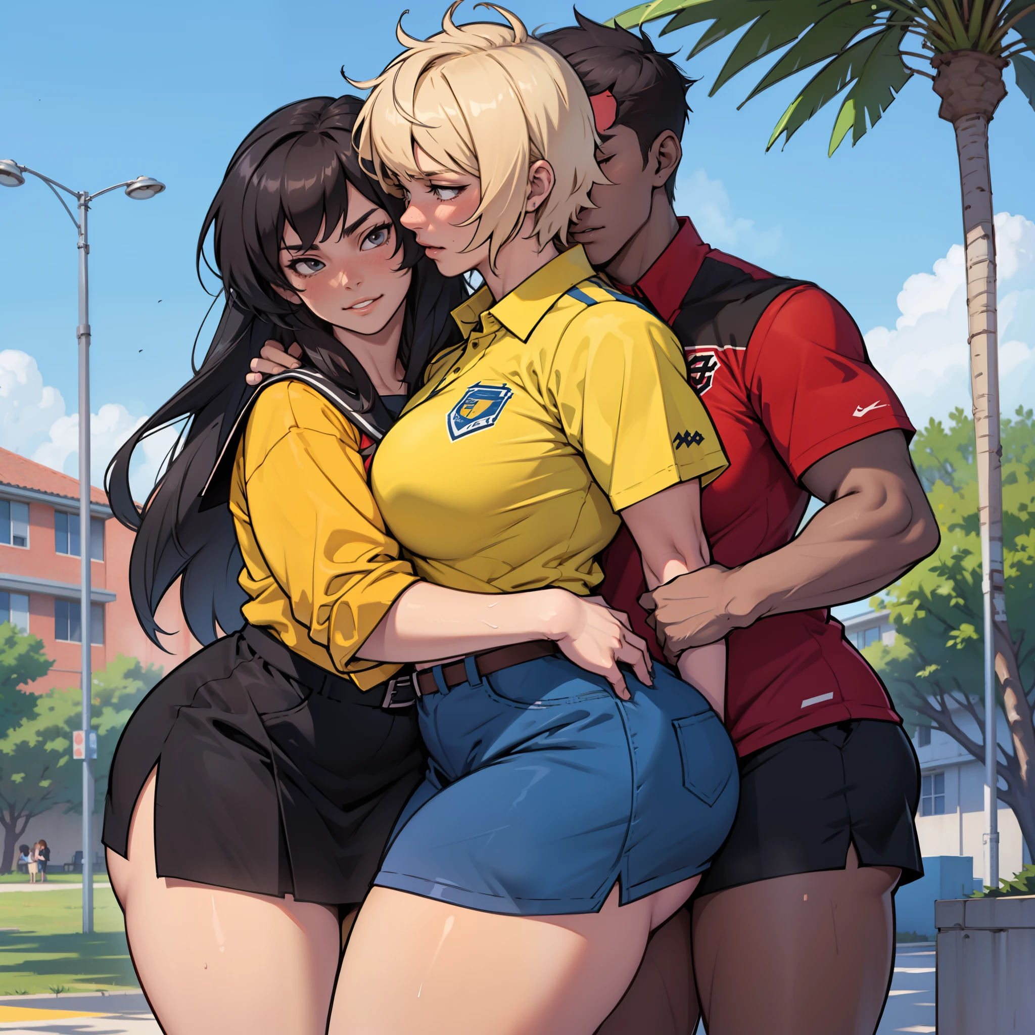 2 women hugging in a college, wearing sensual high school clothes, on a hot summer day, sensual:1,5, Iuri, lesbian, lascivo:1,5