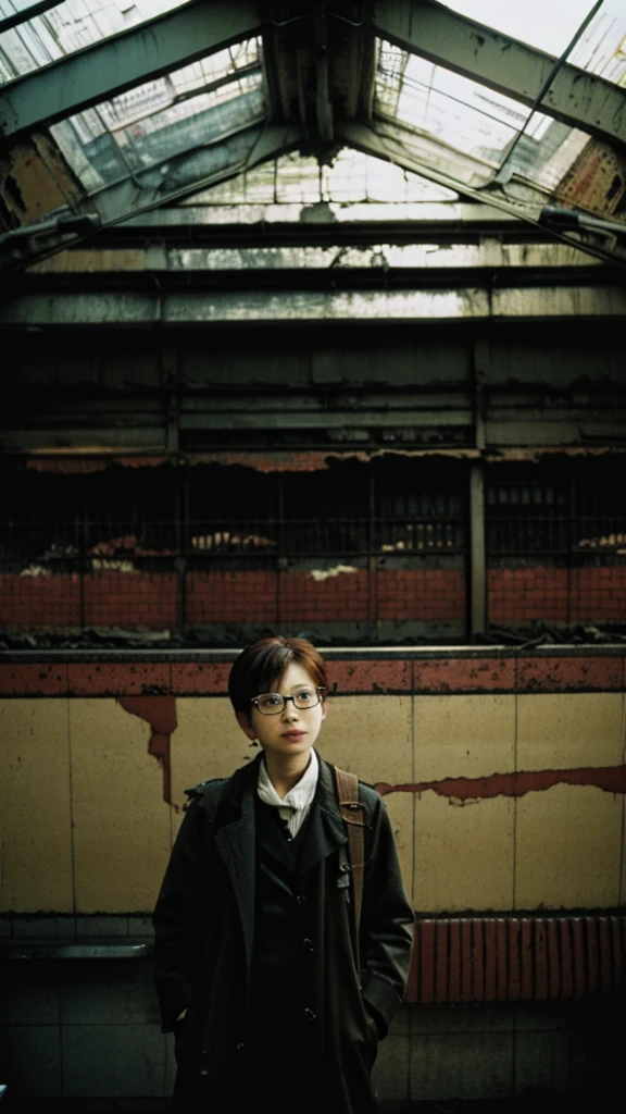 subway,Showa,Collapse,Devastation,Inside the ruins,Glasses,Women,adventure,Black and White,