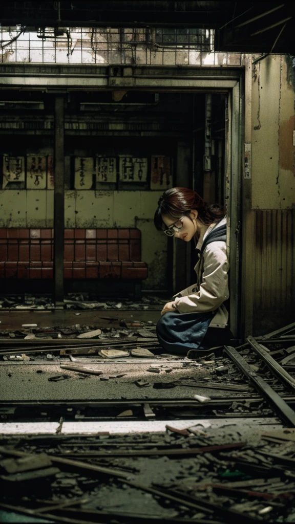 subway,Showa,Collapse,Devastation,Inside the ruins,Glasses,Women,adventure,Black and White,