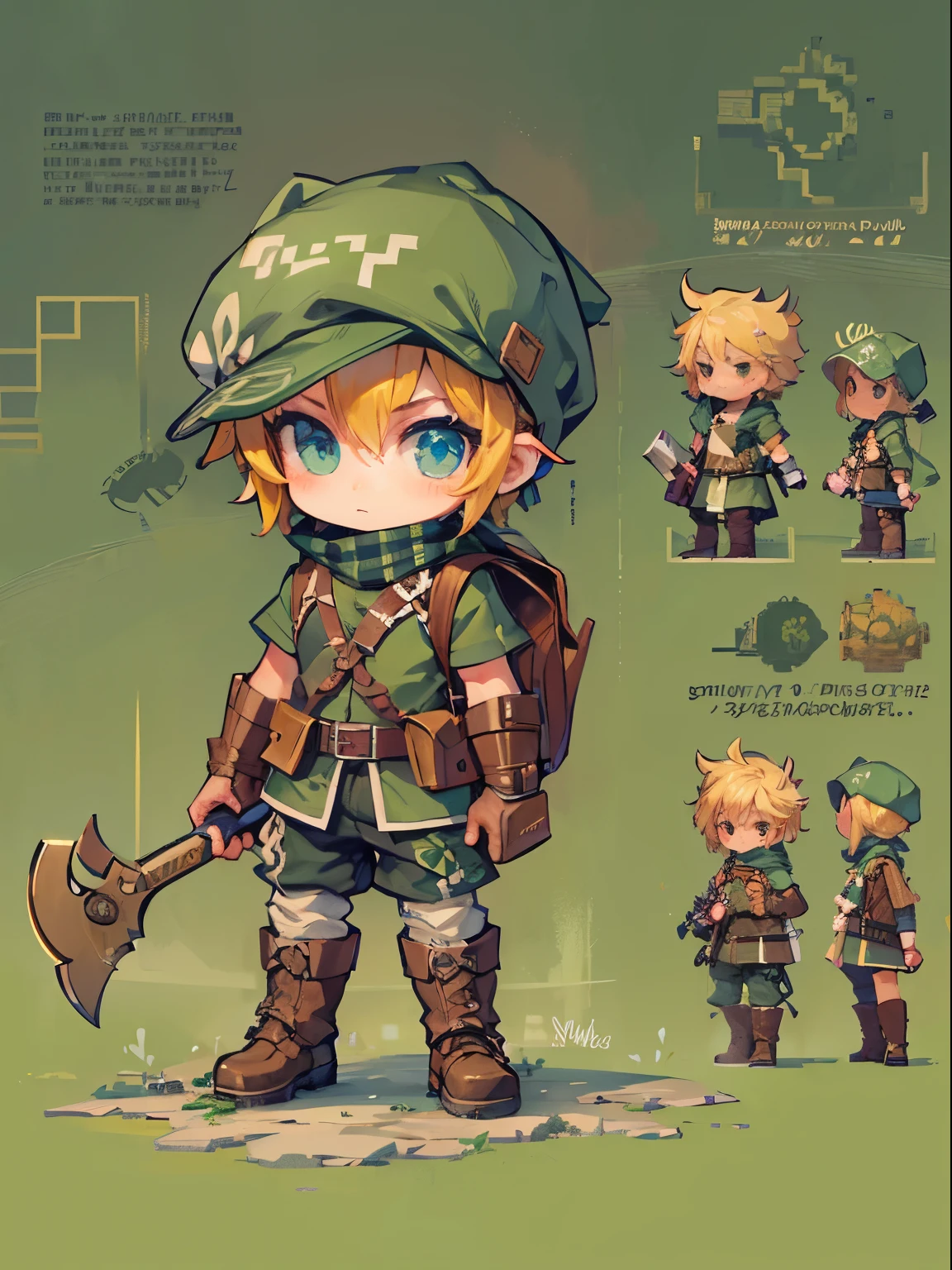 1 boy, Ragnarok online, mmorpg. Chibi hunter character pixel art, beautiful detailed pixel art, hyper detailed pixel art, conceptual pixel art, high quality pixel art, high quality pixel art, high quality pixel art, high quality pixel art, dynamic lighting, colorful, high contrast colors, pixel art style, Pixel art:3, 4k, beautiful, full body, green shirt and pants, backpack, background, ranger, wood