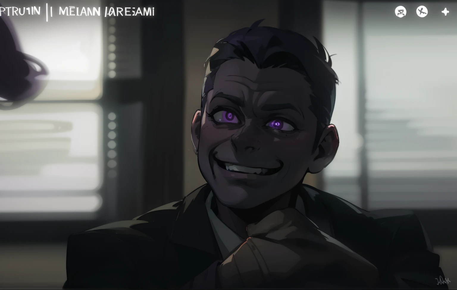 40 year old bad man laughing with irony evil has purple hair purple eyes