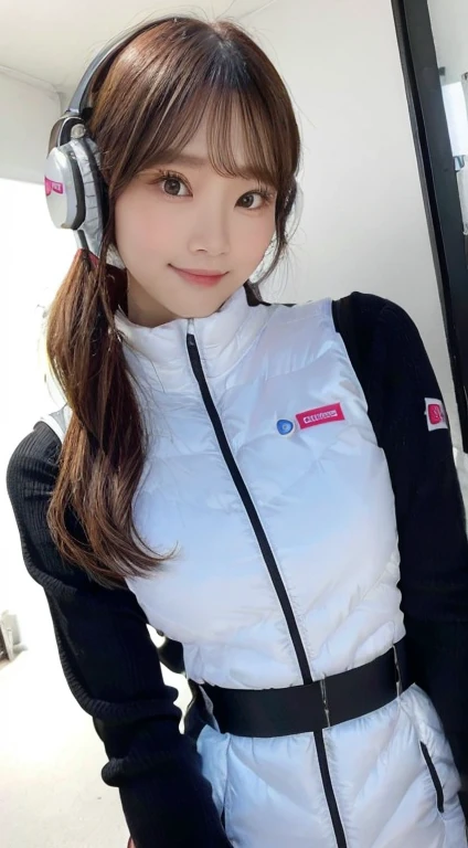 An innocent 20-year-old girl、((White tank top, Dramatic Pose)),smile,BREAK (Spacecraft control room background):2,、BREAK RAW Photos, (8k、highest quality、masterpiece:1.2)、(Intricate details:1.4)、(Photorealistic:1.4)、Octane Rendering、Complex 3D rendering with ultra-detail, Studio Soft Light, Rim Light, Vivid details, Super Detail, Realistic skin texture, Detailed aspect, Beautiful details in the eyes, Highly detailed CG Unity 16k wallpaper, compensate, (Detailed Background:1.2), Glowing Skin, whole body、(astrovest):2,(black long sleeves):5,headphone,smartwatch,((Standing with hands behind back、Leaning forward、Angle from above))