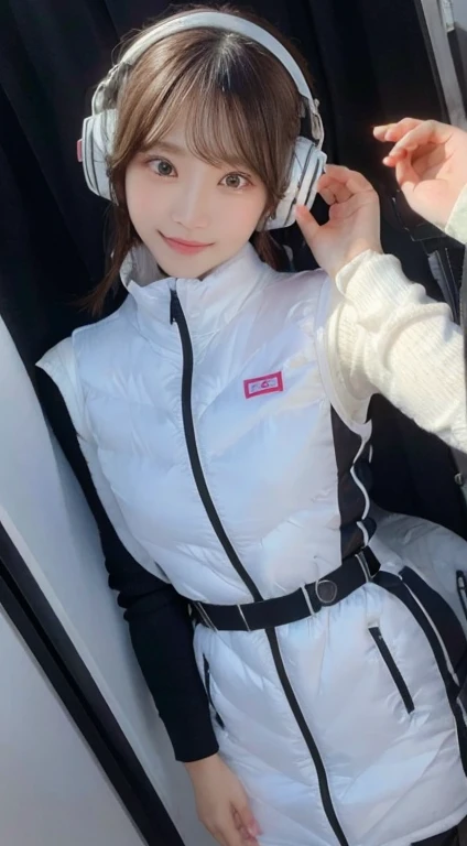 An innocent 20-year-old girl、((White tank top, Dramatic Pose)),smile,BREAK (Spacecraft control room background):2,、BREAK RAW Photos, (8k、highest quality、masterpiece:1.2)、(Intricate details:1.4)、(Photorealistic:1.4)、Octane Rendering、Complex 3D rendering with ultra-detail, Studio Soft Light, Rim Light, Vivid details, Super Detail, Realistic skin texture, Detailed aspect, Beautiful details in the eyes, Highly detailed CG Unity 16k wallpaper, compensate, (Detailed Background:1.2), Glowing Skin, whole body、(astrovest):2,(black long sleeves):5,headphone,smartwatch,((Standing with hands behind back、Leaning forward、Angle from above))