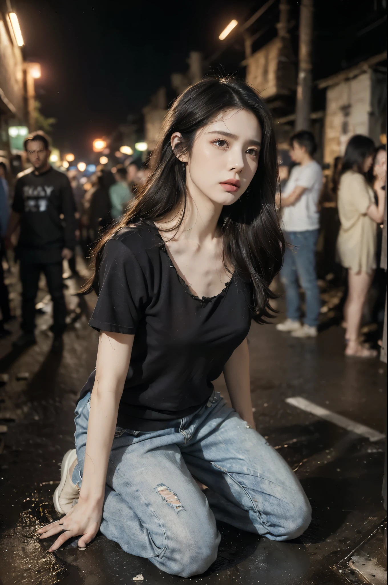 ((((8k))),((Extremely meticulous CG)) ,(wallpaper),16k,((Extremely refined and beautiful)),(((Masterpiece))),(((best qualtiy))),(((Ultra High Resolution))),realistic shaded,(Smooth and flawless fair skin:1.5),(pale skin:1.3),(Extremely exquisite facial details:1.2),(perfect body:1.2),(ultra-detailed:1.2),((A beautiful girl,solo)),(small head:1.2),(medium straight bob hair:1.3),(messy hair:1.3),(small face:1.2),(dirty face:1.2),(small breasts:1.2),(flat chests:1.2),(slim,thin),(sad:1.5),(crying:1.5),(weeping:1.5),(tears:1.5),(torn t-shirt:1.5),(torn pants:1.3),(sneakers:1.2),(night scene:1.5),(outdoor:1.2),(In the slums:1.5),(In a dilapidated alley:1.3),(Full of garbage on the ground:1.3),(detailed background:1.5),(Kneeling:1.3),(arms behind back:1.3),(full body:1.3),(from front:1.3),(surrounded by crowded crowds:1.5),(night scene:1.5),(dark atmosphere:1.5)