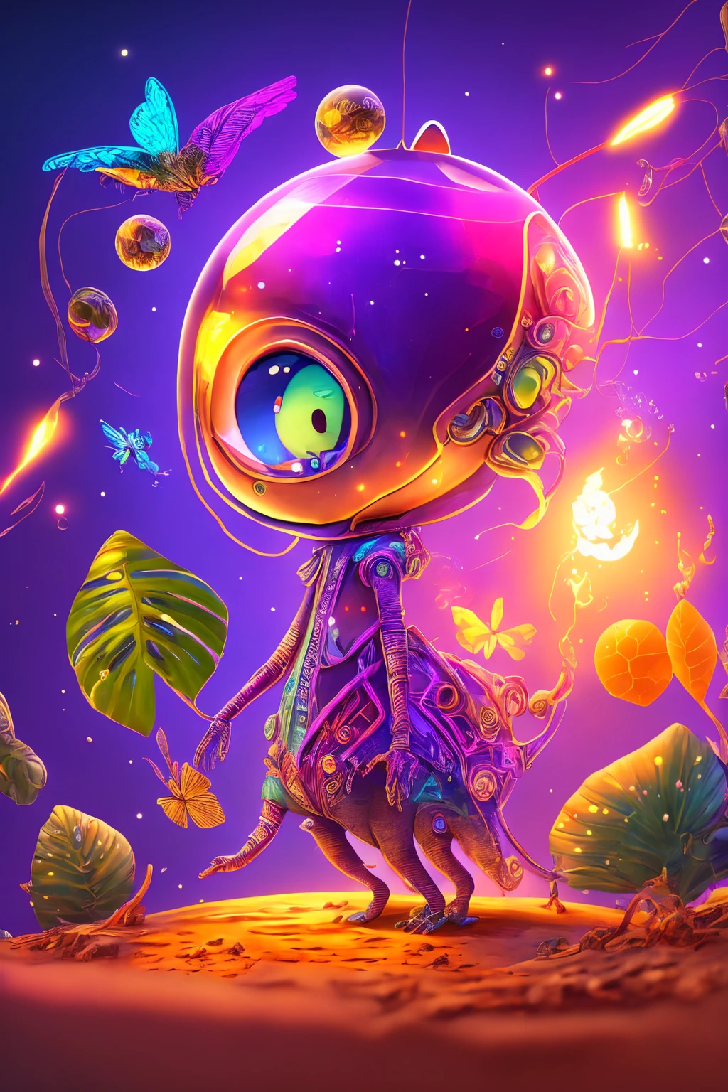 An ultra-detailed, realistic, and adorable cute alien character is depicted in this artwork. The character is small in size and has a friendly and adorable appearance. The alien is set in a purple-colored world filled with abundant exotic vegetation. The art style is inspired by anime, giving it a unique and distinct look. The artwork is created in 8k resolution, ensuring the best quality and capturing every intricate detail of the alien and its surroundings. The vibrant and vivid colors enhance the overall visual experience, while the lighting creates a sense of depth and dimension in the artwork. This masterpiece showcases the artist's expertise in creating high-quality and visually stunning illustrations.