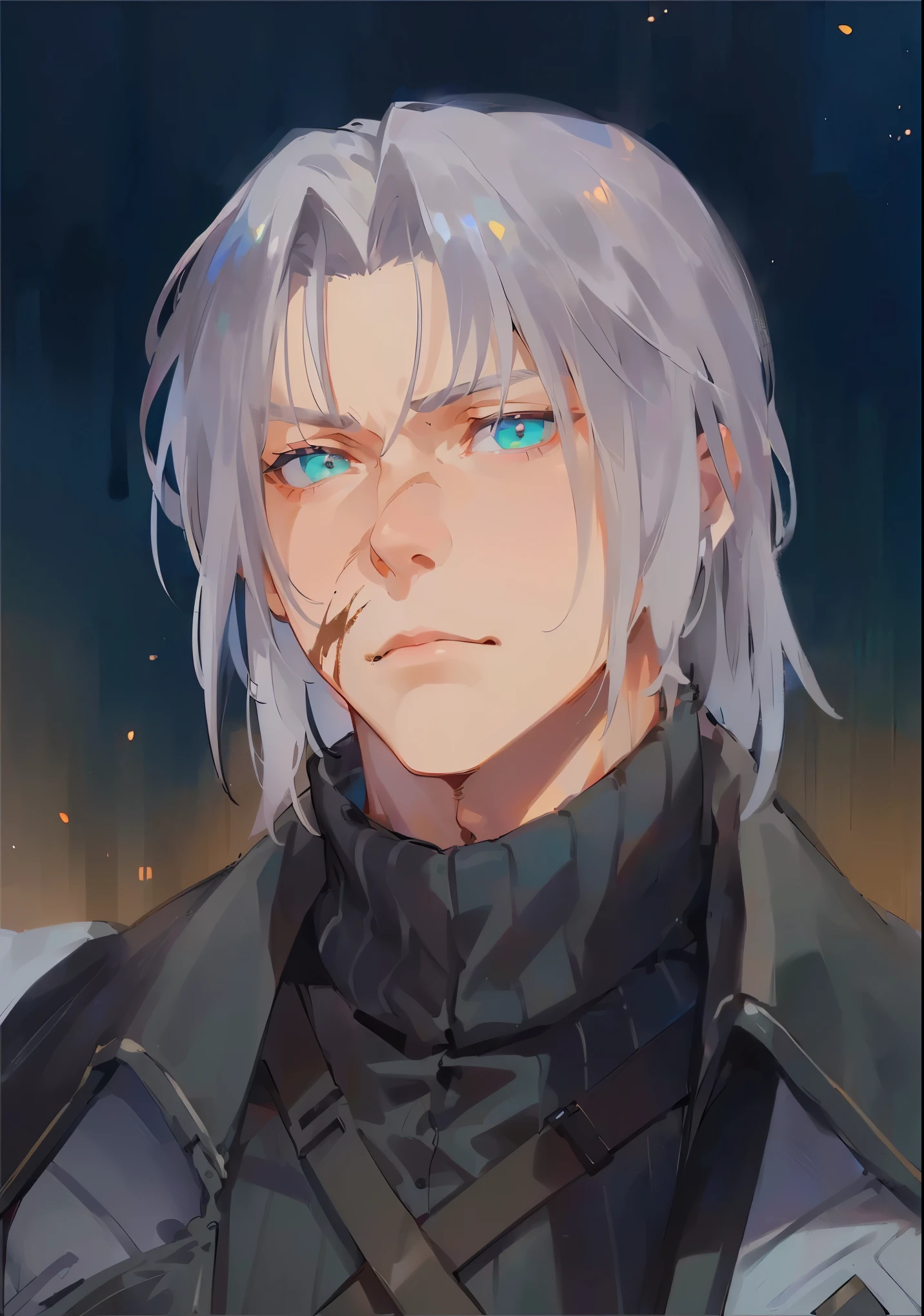 (((young male, muscle, handsome))), dark silver hair color, short messy hair, detailed eyes, calm demeanor, medieval level background, night, looking at camera, (((hands in pockets, black slacks, white dress shoes, multicolored coat, black and white coat)))