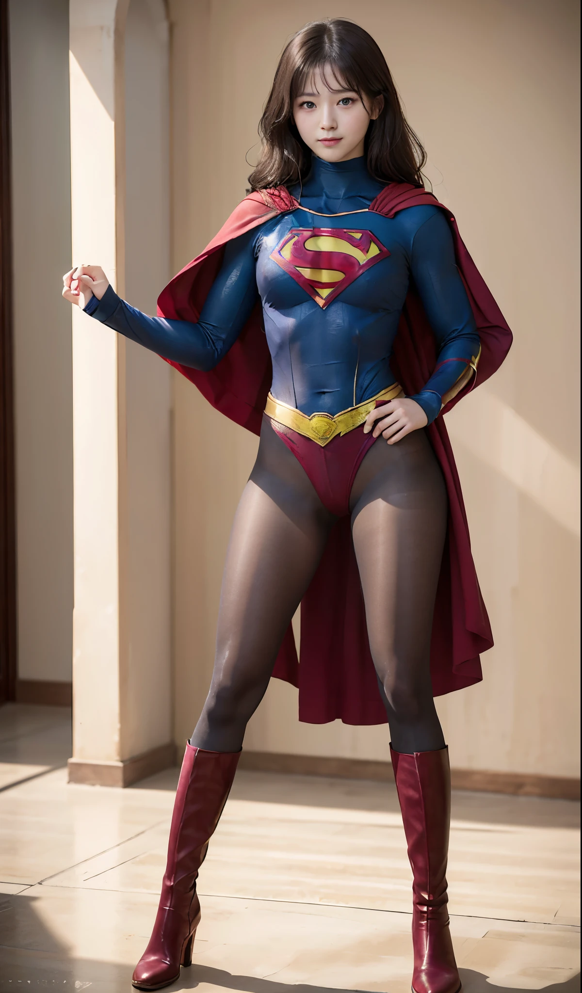No background、(((Beautiful legs in black tights.)))、(((Legally express the beauty of your smile)))、((((Make the most of your original images)))、(((Supergirl Costume)))、(((Beautiful Hair)))、(((suffering)))、(((Please wear black tights....、Wear red boots)))、((Best image quality、8k))、((highest quality、8k、masterpiece:1.3))、(((Preserve background )))、Sharp focus:1.2、Beautiful woman with perfect figure:1.4、Slim Abs:1.2、Wet body:1.5、Highly detailed face and skin texture、8k