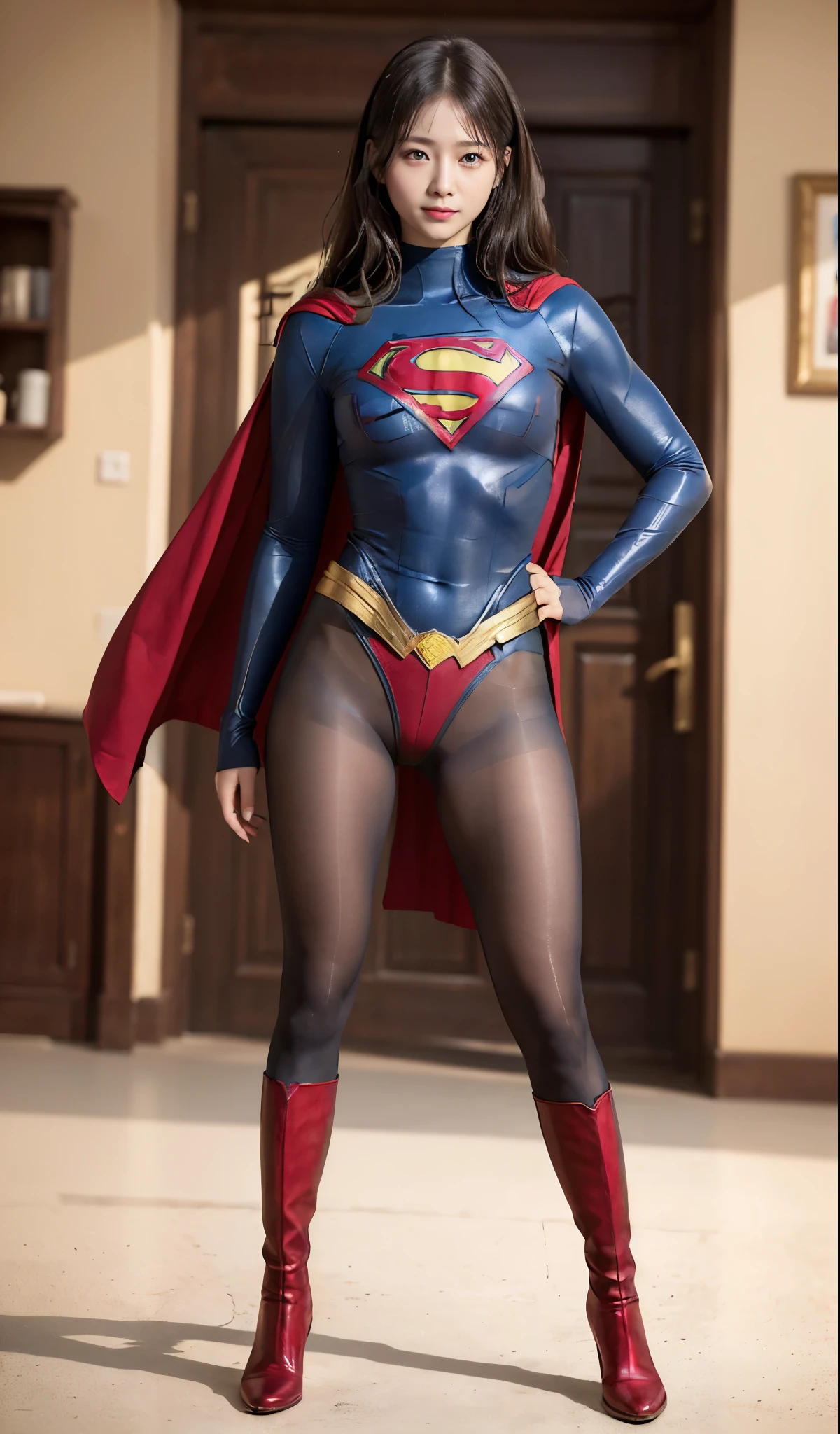 No background、(((Beautiful legs in black tights.)))、(((Legally express the beauty of your smile)))、((((Make the most of your original images)))、(((Supergirl Costume)))、(((Beautiful Hair)))、(((suffering)))、(((Please wear black tights....、Wear red boots)))、((Best image quality、8k))、((highest quality、8k、masterpiece:1.3))、(((Preserve background )))、Sharp focus:1.2、Beautiful woman with perfect figure:1.4、Slim Abs:1.2、Wet body:1.5、Highly detailed face and skin texture、8k
