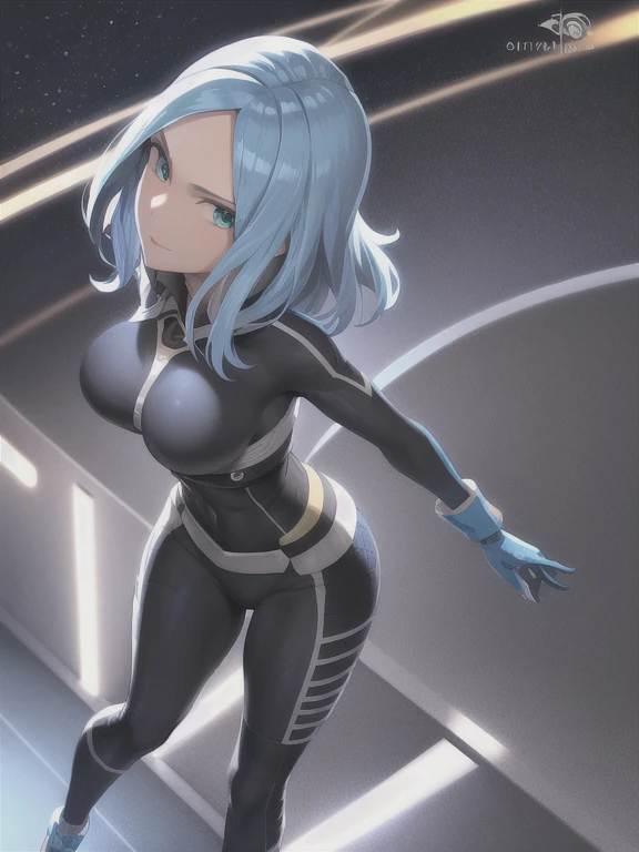 best quality,ultra detailed,looking at viewer,solo, ulvida,dark-blue hair,white hair,two-tone hair,big breasts,black bodysuit,
standing,(front view,portrait),full body,