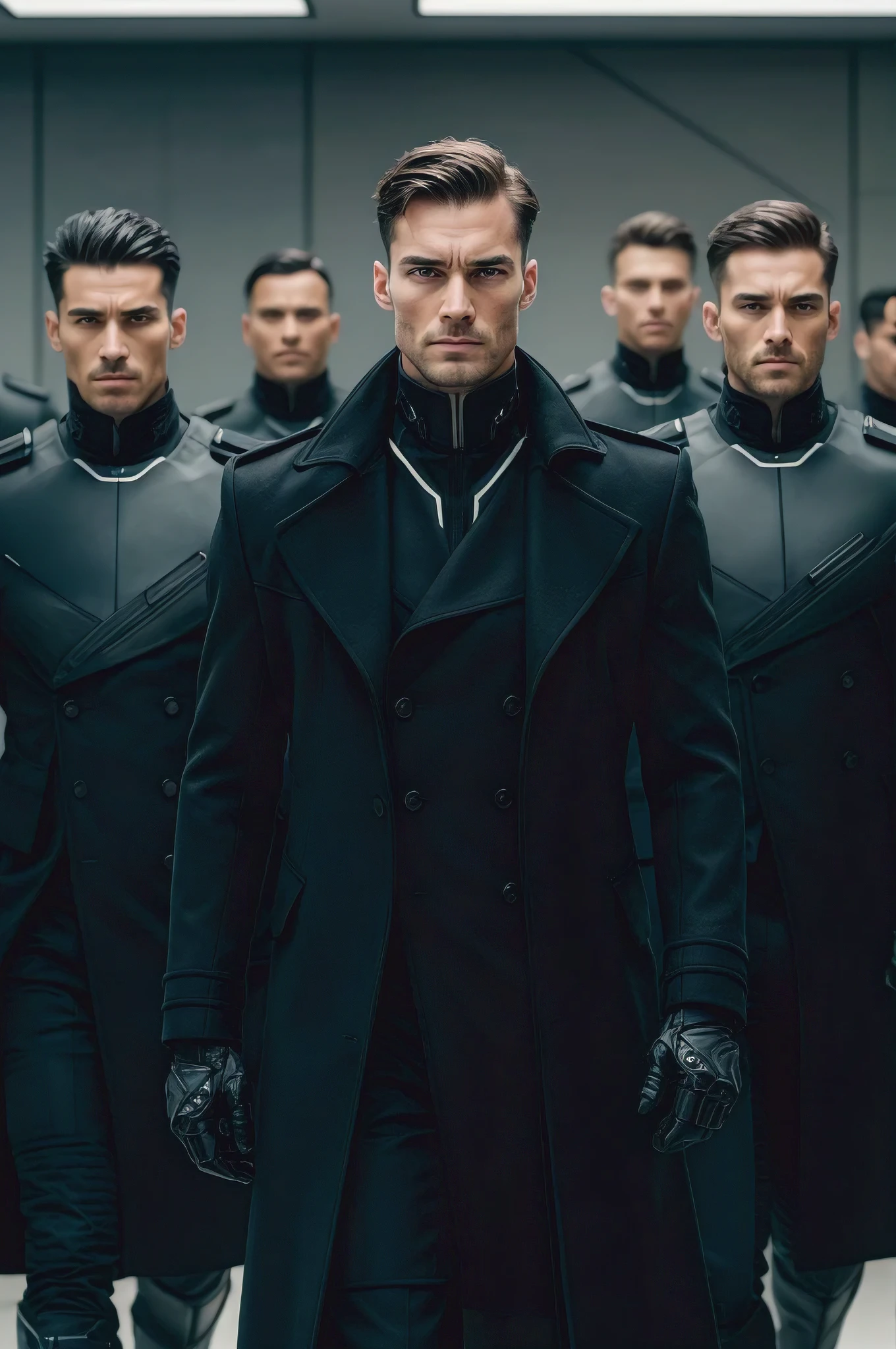 A striking portrait photograph of high-ranking futuristic army officials, showcasing the latest Hugo Boss designs. The officials are dressed in stylish yet practical attire, featuring sleek black armor with subtle metallic accents, and sharp, tailored coats in dark hues. Their facial expressions convey an intimidating yet charismatic demeanor, as they stand confidently in a minimalistic yet high-tech environment., fashion, portrait photography