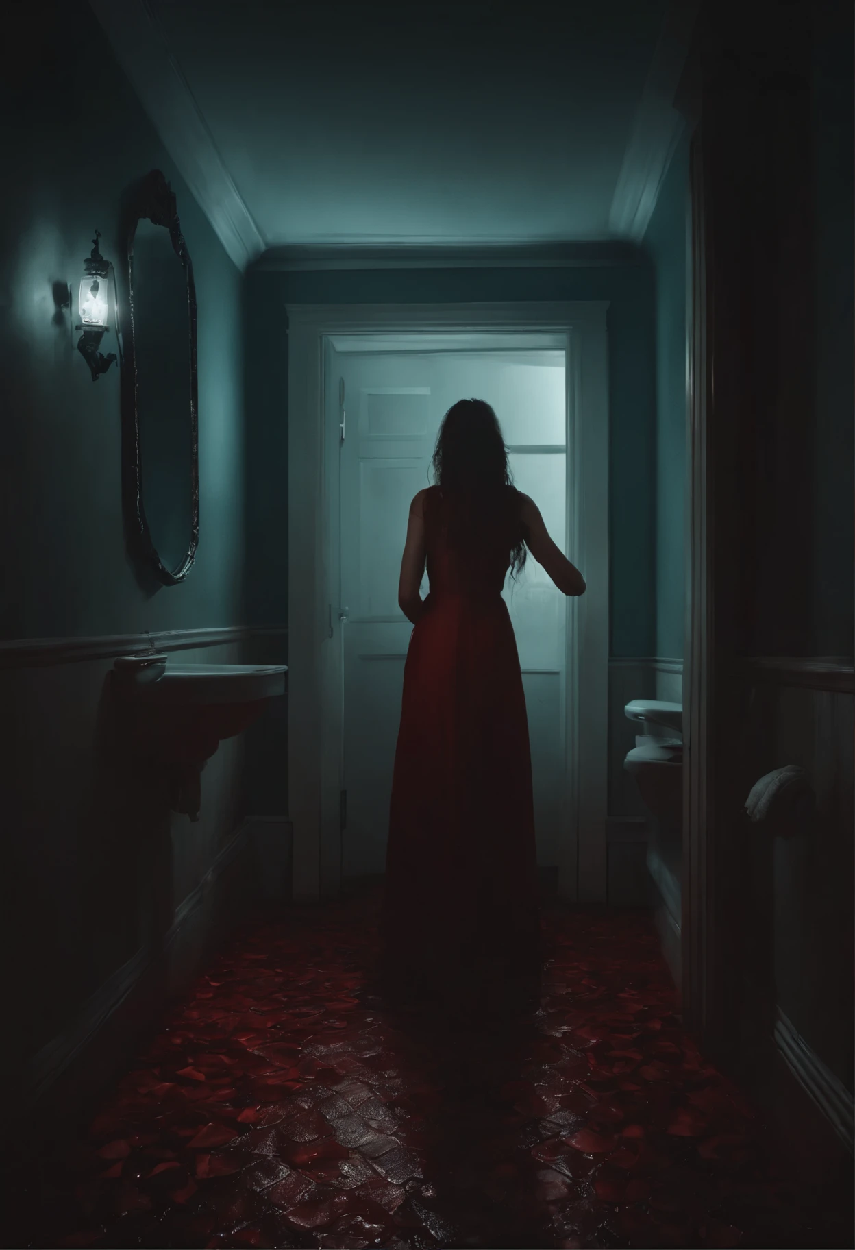 A terrifying horror scene unfolds in a decaying bathroom: the blood-stained tiles reveal a mosaic of human remains, a sinister eldritch abomination hovers, a solitary girl, her long hair drenched in blood and entrails, captivated by a monstrous shadowy demon lurking behind her. The remnants of a corpse add to the chilling ambiance, under a haunting moonlit glow, the atmosphere saturated with impending doom and death. Cinematic, hyper-detailed 8K resolution intensifies the spine-tingling, eerie vibe.