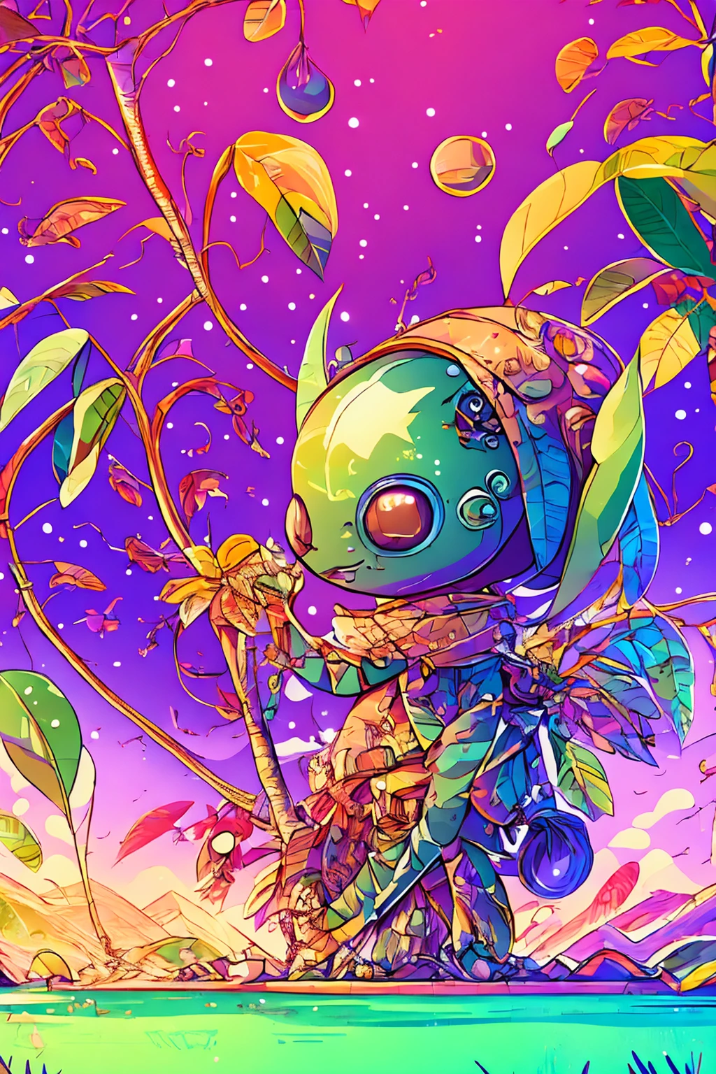 An ultra-detailed, realistic, and adorable cute alien character is depicted in this artwork. The character is small in size and has a friendly and adorable appearance. The alien is set in a purple-colored world filled with abundant exotic vegetation. The art style is inspired by anime, giving it a unique and distinct look. The artwork is created in 8k resolution, ensuring the best quality and capturing every intricate detail of the alien and its surroundings. The vibrant and vivid colors enhance the overall visual experience, while the lighting creates a sense of depth and dimension in the artwork. This masterpiece showcases the artist's expertise in creating high-quality and visually stunning illustrations.