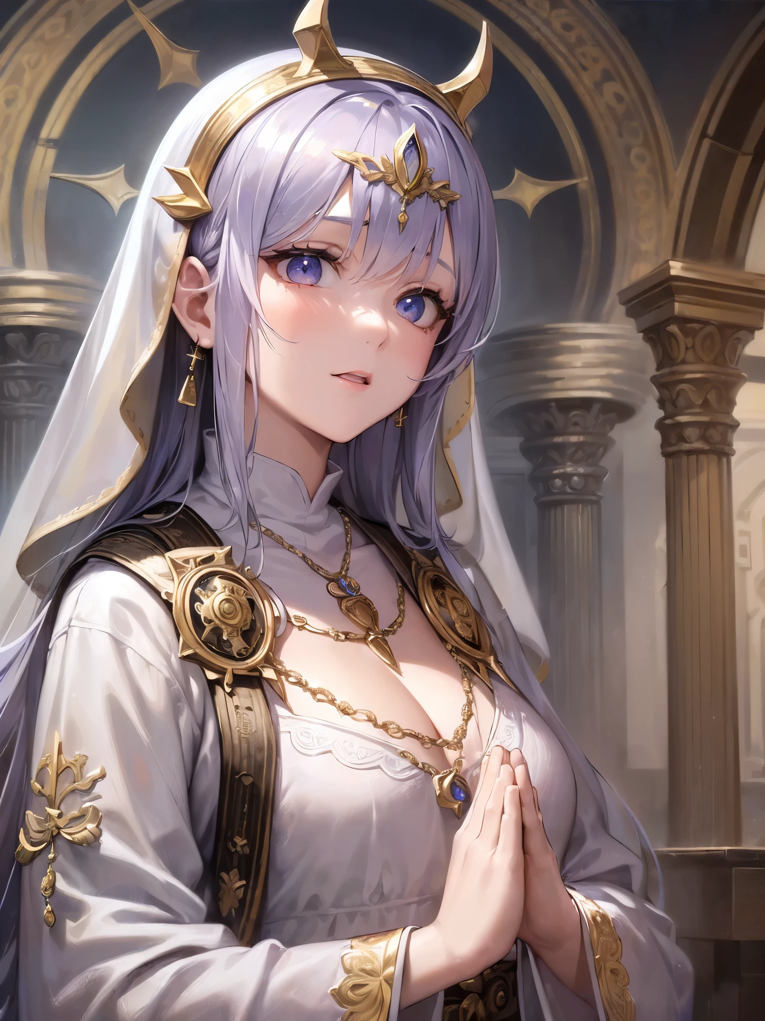 ((highest quality)),(Ultra-high resolution),(Very detailed),(Detailed Description),((The best CG)),(A masterpiece),Ultra-detailed art,Amazing painting art,(Fantasy art with intricate detail:1.5), (A female priest offering a quiet prayer:1.6),(Beautiful and well-proportioned face:1.5),(Pure white robes depicted in intricate detail:1.5),(A simple rosary around her neck:1.3), 