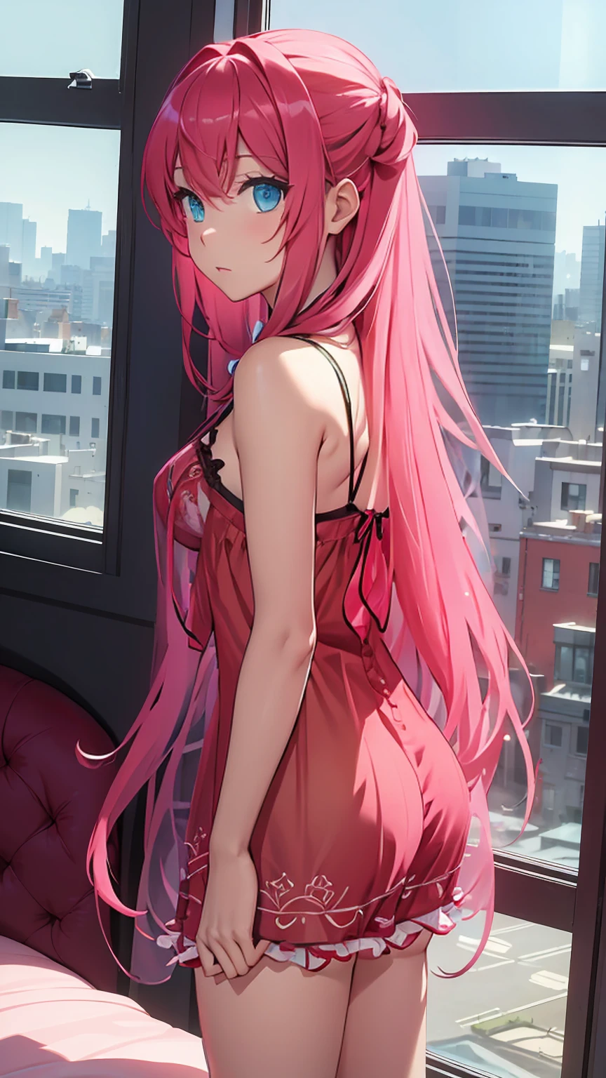 ((best quality)), ((masterpiece)), (detailed), perfect face, perfect budy, 1girl, red long hair, cyan eyes, pink ccamisole, ((see-through)), ((frilly camisole)), the girl on her bed, Seeing the girl from the front, the girl in middle of bedroom and windows from hotel show the city in night in background