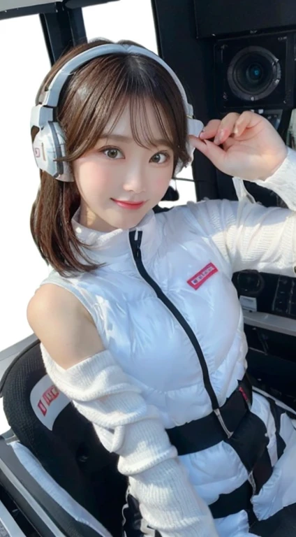 An innocent 20-year-old girl、((White tank top, Dramatic Pose)),smile,BREAK (Spacecraft control room background):2,、BREAK RAW Photos, (8k、highest quality、masterpiece:1.2)、(Intricate details:1.4)、(Photorealistic:1.4)、Octane Rendering、Complex 3D rendering with ultra-detail, Studio Soft Light, Rim Light, Vivid details, Super Detail, Realistic skin texture, Detailed aspect, Beautiful details in the eyes, Highly detailed CG Unity 16k wallpaper, compensate, (Detailed Background:1.2), Glowing Skin, whole body、(astrovest):2,(black long sleeves):5,headphone,smartwatch,((Standing with hands behind back、Leaning forward、Angle from above))