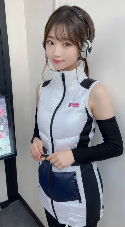 An innocent 20-year-old girl、((White tank top, Dramatic Pose)),smile,BREAK (Spacecraft control room background):2,、BREAK RAW Photos, (8k、highest quality、masterpiece:1.2)、(Intricate details:1.4)、(Photorealistic:1.4)、Octane Rendering、Complex 3D rendering with ultra-detail, Studio Soft Light, Rim Light, Vivid details, Super Detail, Realistic skin texture, Detailed aspect, Beautiful details in the eyes, Highly detailed CG Unity 16k wallpaper, compensate, (Detailed Background:1.2), Glowing Skin, whole body、(astrovest):2,(black long sleeves):5,headphone,smartwatch,((Standing with hands behind back、Leaning forward、Angle from above))