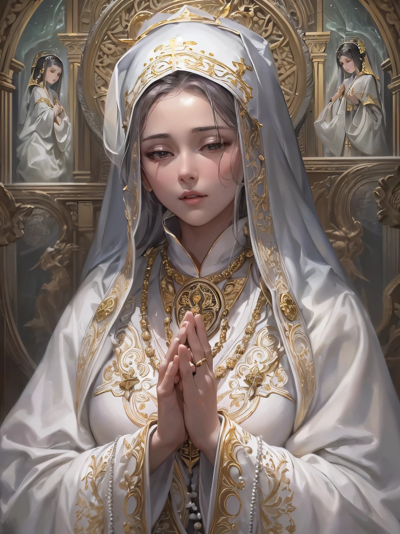 ((highest quality)),(Ultra-high resolution),(Very detailed),(Detailed Description),((The best CG)),(A masterpiece),Ultra-detailed art,Amazing painting art,(Fantasy art with intricate detail:1.5), (A female priest offering a quiet prayer:1.6),(Beautiful and well-proportioned face:1.5),(Pure white robes depicted in intricate detail:1.5),(A simple rosary around her neck:1.3),