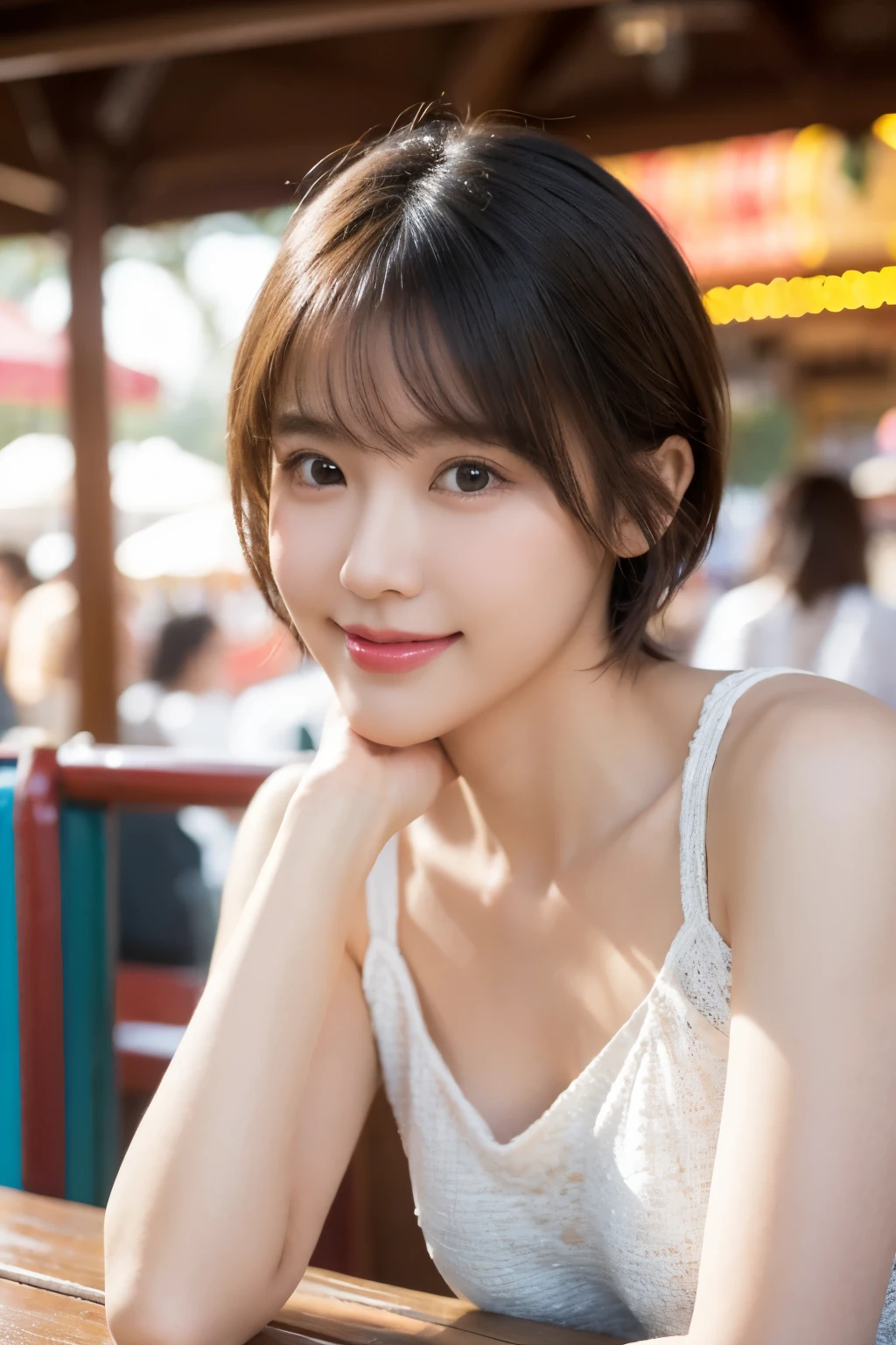 Tabletop, highest quality, figure, Very detailed, In detail, High resolution, 8k wallpaper, Perfect dynamic composition, Beautiful fine details,Summer Casual Fashion,amusement park、short hair、Center of chest, Natural color lip, Bold sexy pose,smile,20-year-old girl、cute、sexy shot looking at camera