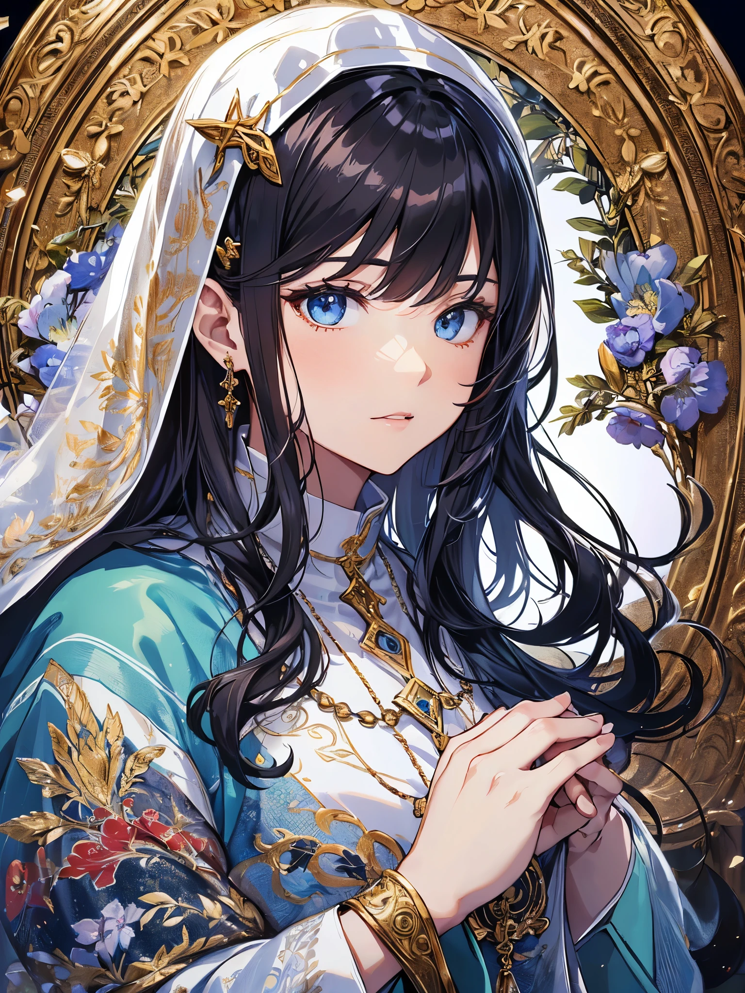 ((highest quality)),(Ultra-high resolution),(Very detailed),(Detailed Description),((The best CG)),(A masterpiece),Ultra-detailed art,Amazing painting art,(Fantasy art with intricate detail:1.5), (A female priest offering a quiet prayer:1.6),(Beautiful and well-proportioned face:1.5),(Pure white robes depicted in intricate detail:1.5),(A simple rosary around her neck:1.3),