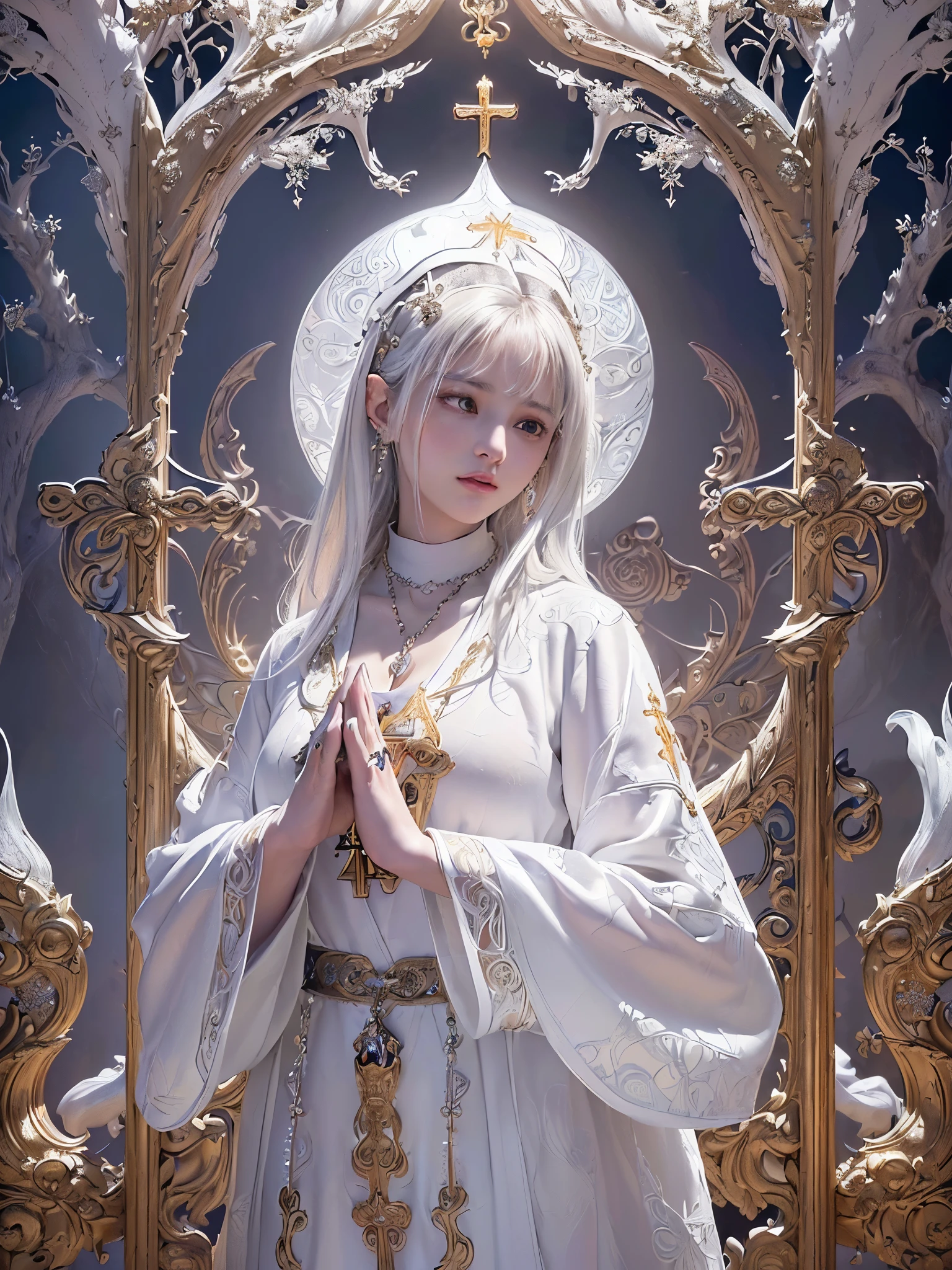((highest quality)),(Ultra-high resolution),(Very detailed),(Detailed Description),((The best CG)),(A masterpiece),Ultra-detailed art,Amazing painting art,(Fantasy art with intricate detail:1.5), (A female priest offering a quiet prayer:1.6),(Beautiful and well-proportioned face:1.5),(Pure white robes depicted in intricate detail:1.5),(A simple rosary around her neck:1.3),