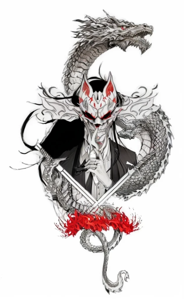 a drawing of a man in a suit and tie with a dragon, inspired by Kanō Hōgai, inspired by Tōshūsai Sharaku, demon samurai, samurai with demon mask, demon samurai warrior, Inspired by Shunkōsai Hokushū, cthulhu samurai, Inspired by Eishōsai Chōki