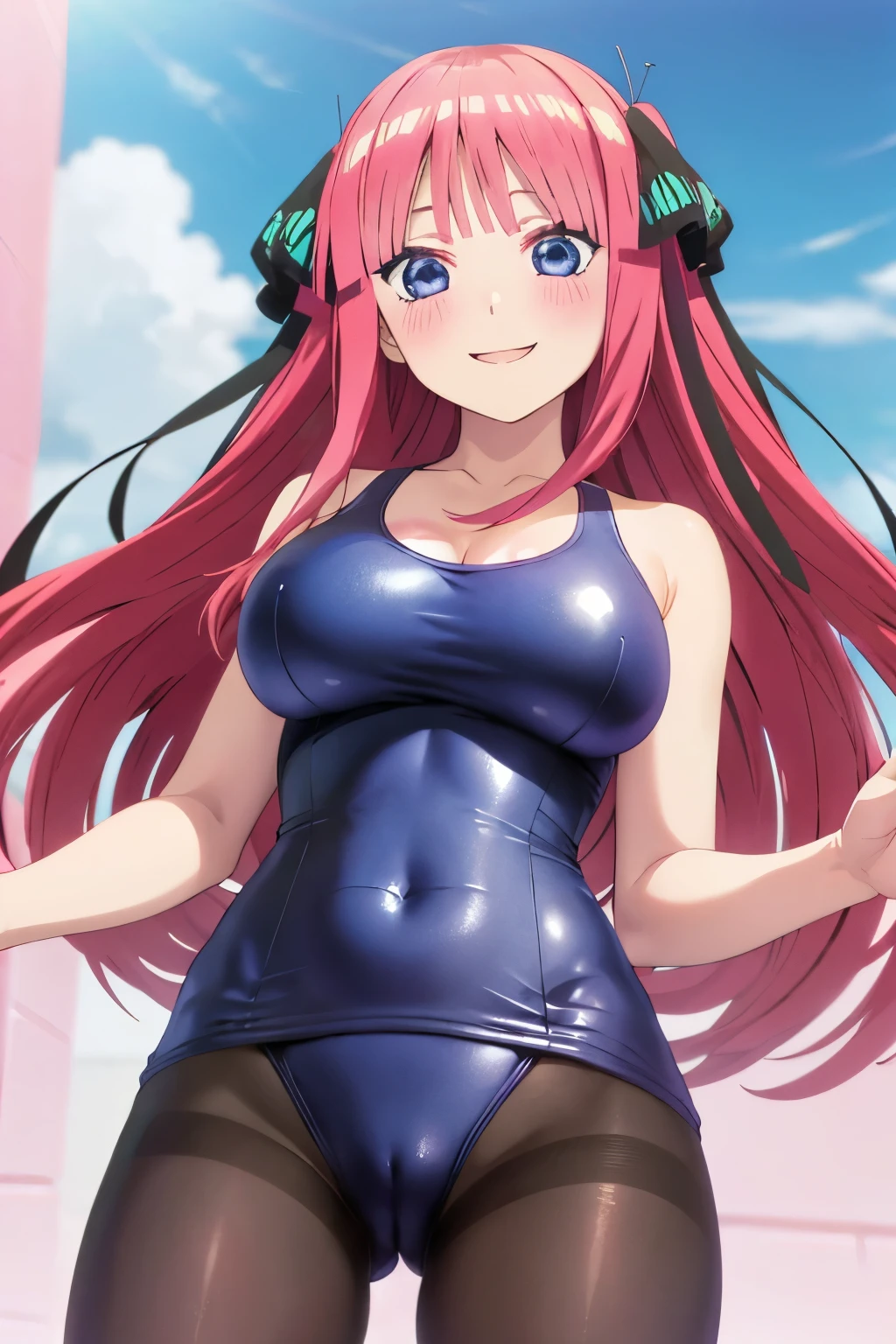 best quality, ultra-detailed masterpiece, anime art style, cute character, nino nakano, large breasts, blush, smile, one-piece swimsuit, pantyhose, pussy