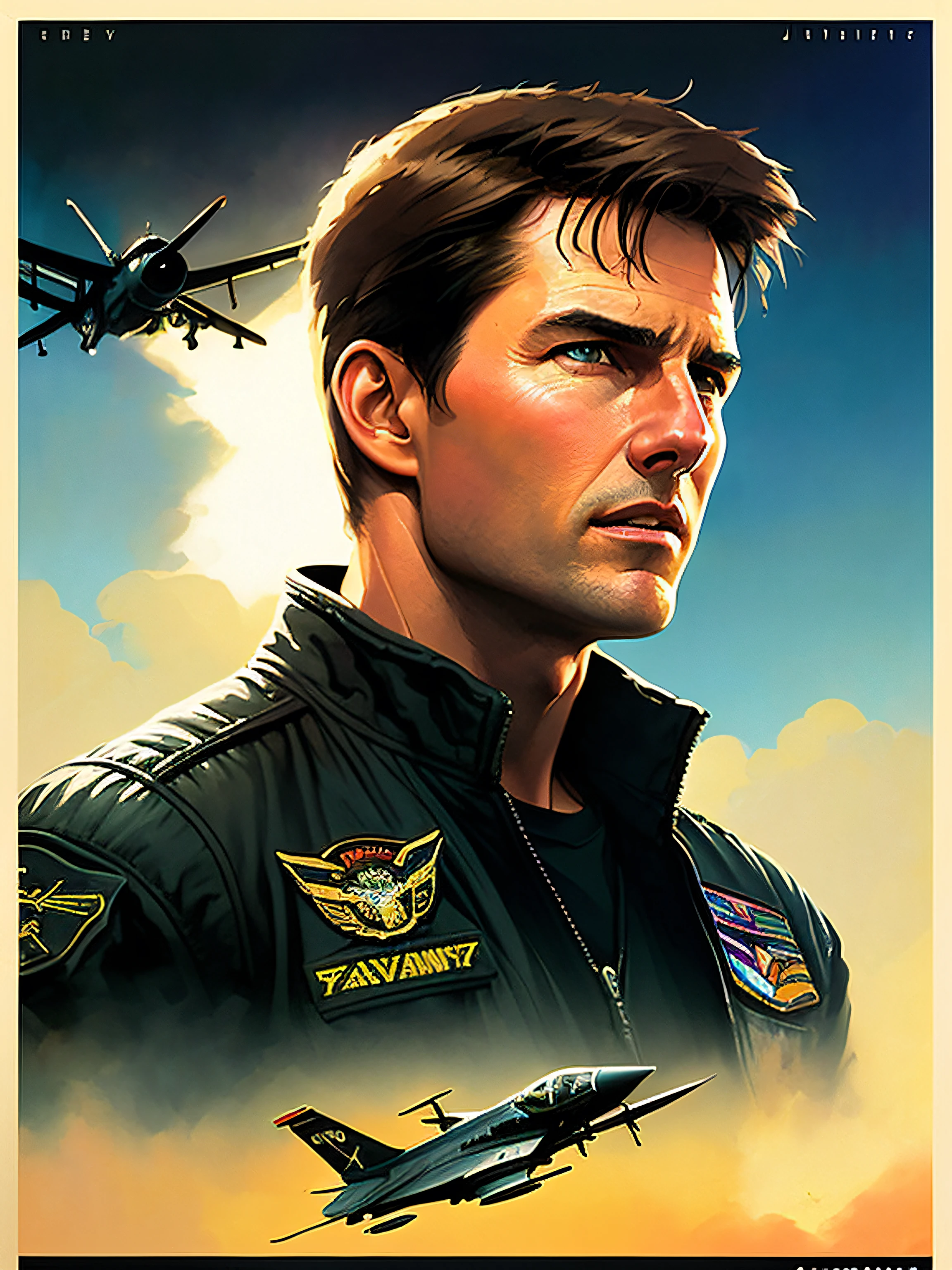 Tom Cruise de Top Gun, efeito vhs, (poster: 1.2), cartaz na parede, nostalgia, Movie poster, (textura da pele), Intrinsecamente detalhado, detalhes finos, hiperdetalhado, Rastreamento de raio, underground dispersal, soft diffused lighting, Detailed F-14 Tomcat planes in the background, Profundidade superficial de campo, por (Oliver Wetter) majestic professional oil painting por Ed Blinkey, atey ghailan, Studio Ghibli, por Jeremy Mann, Greg Manchess, Antonio Moro, trend at ArtStation, tendência na CGSociety, intricado, alto detalhe, sharp focus, dramatic painting and photorealistic art of (Greg Rutkowski:1.4), Bokeh